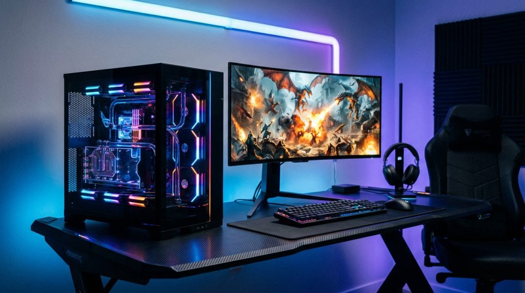 Setup gaming complet avec PC tour vitrée, écran incurvé et éclairage néon bleu et violet dans une chambre sombre.