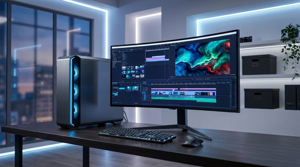 Un PC gaming puissant avec écran incurvé affichant un logiciel de montage vidéo sur un bureau moderne et épuré.