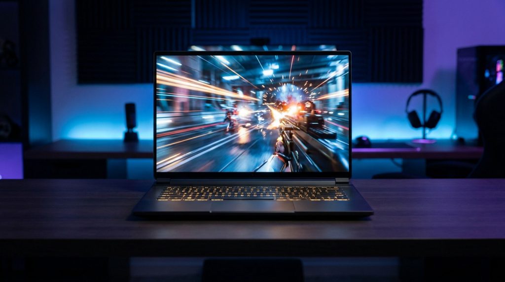 Ordinateur portable Asus TUF A16 affichant un jeu d'action sur un bureau gaming avec un éclairage LED bleu.