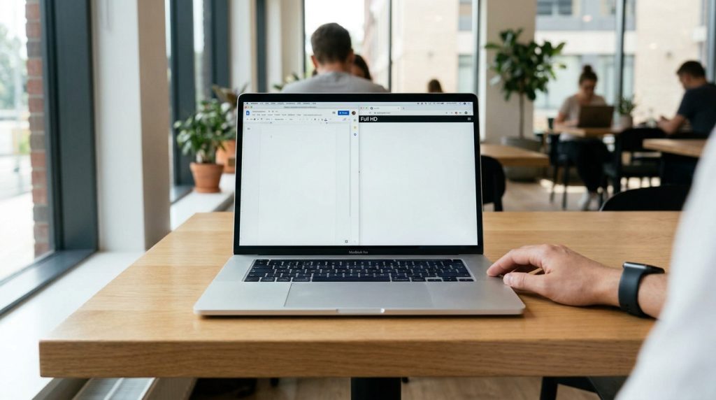Un ordinateur portable ouvert sur une table en bois dans un espace de travail lumineux et moderne.