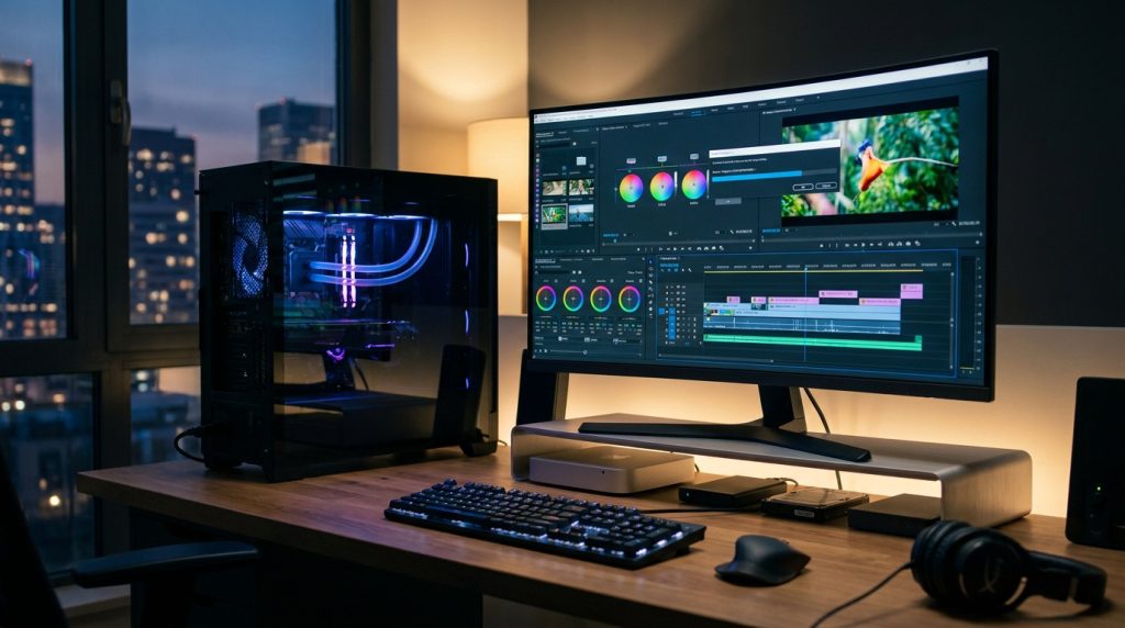 Bureau avec PC gamer, écran large affichant un logiciel de montage vidéo et vue urbaine en soirée.