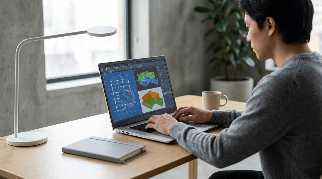 Un homme travaillant sur un plan d'architecture sur un Asus Vivobook dans un bureau moderne et lumineux.