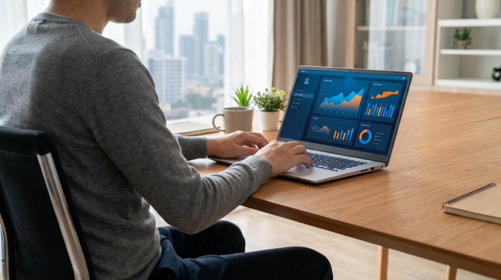 Un homme travaillant sur un ordinateur portable affichant des graphiques de données financières dans un bureau lumineux.