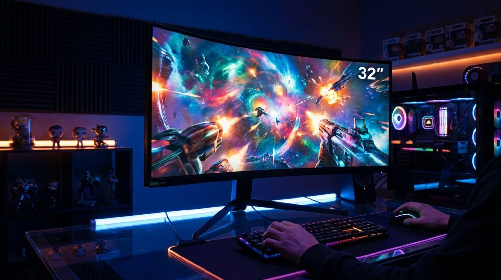 Un joueur utilise un écran incurvé Samsung Odyssey G5 de 32 pouces affichant un jeu spatial coloré dans une chambre sombre.