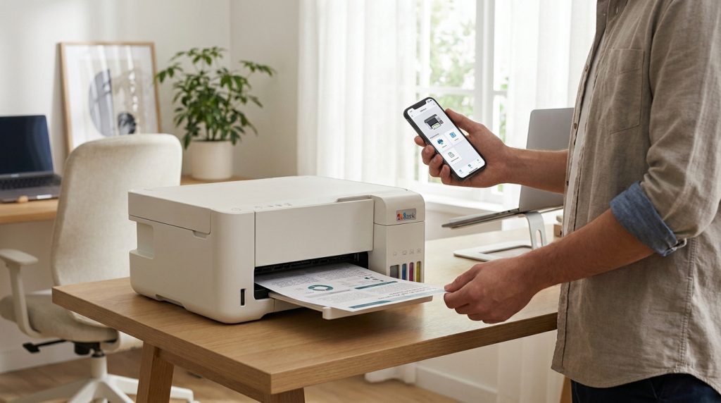 Un homme utilise son smartphone pour lancer une impression sur une imprimante Epson ET-2856 dans un bureau moderne.