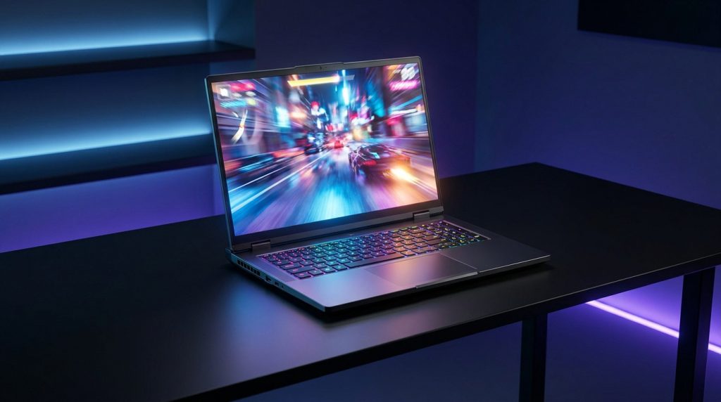 PC portable gaming Dell G15 5530 ouvert sur un bureau noir avec un éclairage néon violet en arrière-plan.