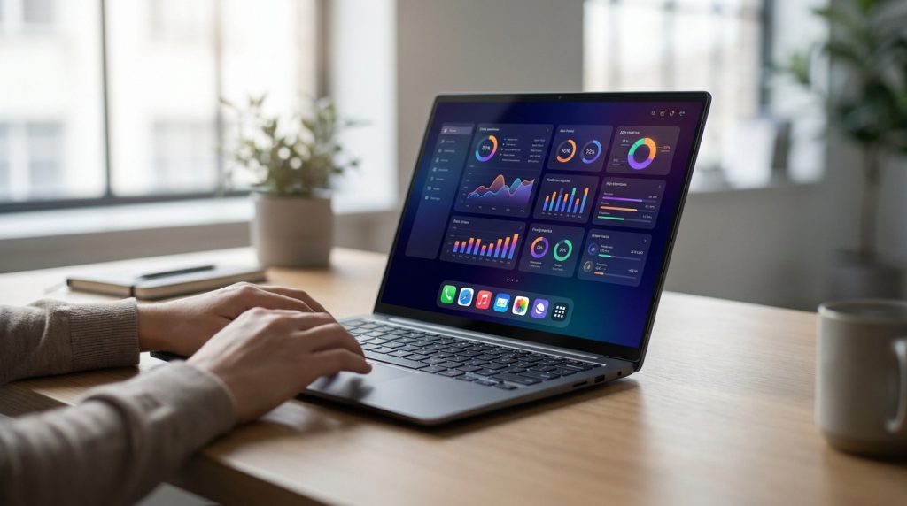 Une personne travaillant sur un ordinateur portable Asus Vivobook affichant un tableau de bord analytique coloré.