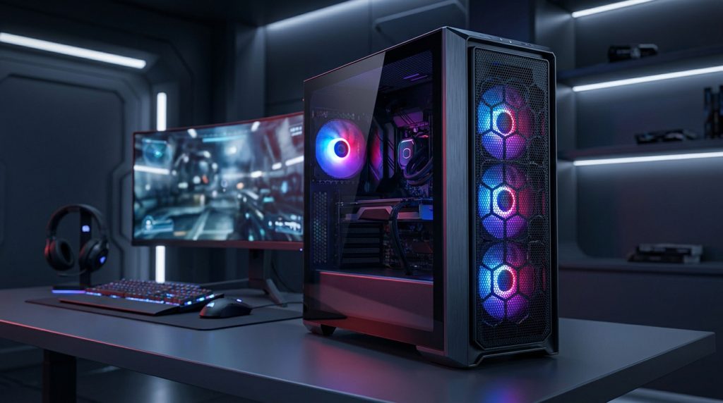 Boîtier PC MSI MAG Forge 100M avec éclairage RGB sur un bureau gaming moderne avec écran incurvé et périphériques.