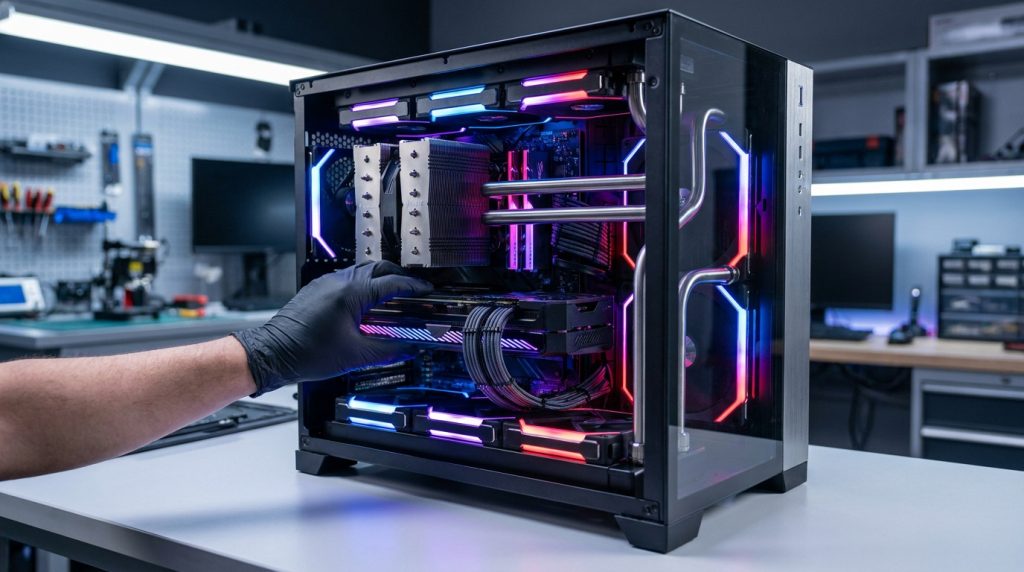 Un technicien portant des gants noirs installe une carte graphique dans un PC gaming avec éclairage RGB.