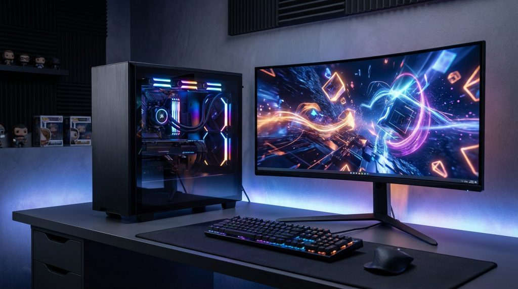 PC gamer Vibox avec tour éclairée, écran incurvé et clavier RGB sur un bureau moderne.