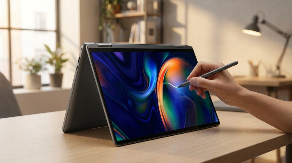 Un ordinateur portable hybride Samsung Galaxy Book3 360 utilisé avec un stylet sur un bureau dans un intérieur moderne.