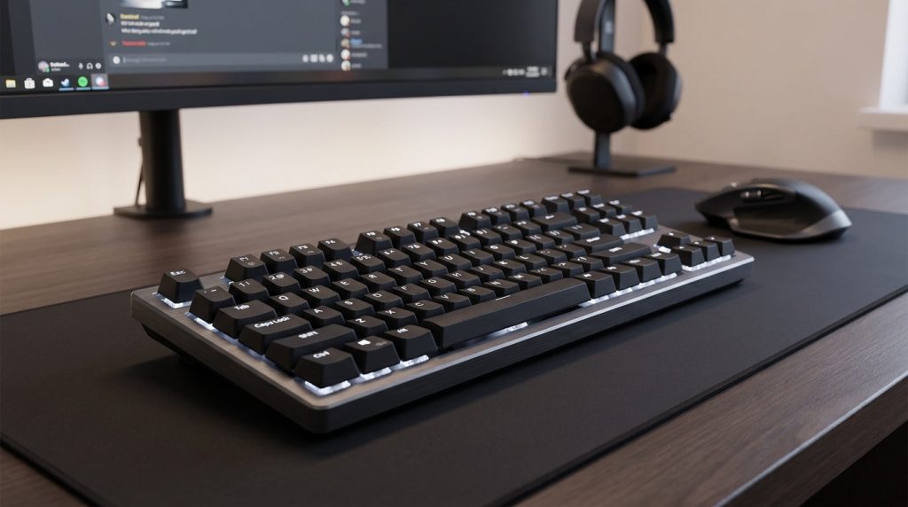 Clavier de jeu Logitech G413 TKL SE posé sur un bureau noir propre avec un écran, une souris et un casque en arrière-plan.