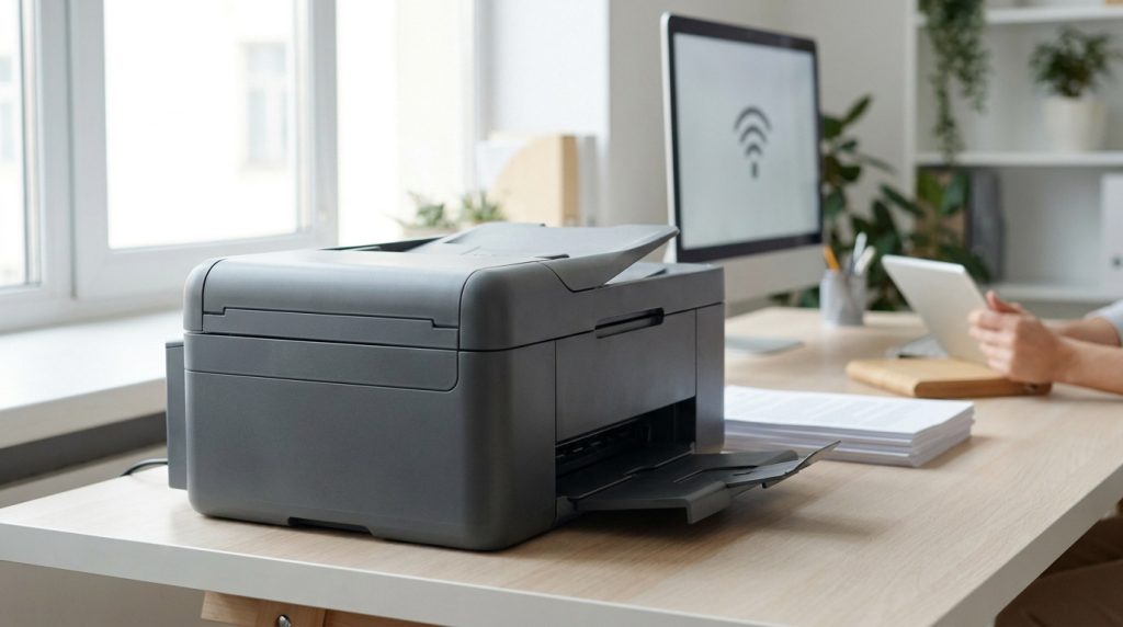 Imprimante HP sur un bureau avec un ordinateur affichant une icône Wi-Fi et une personne utilisant une tablette.