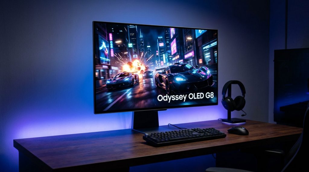 Moniteur Samsung Odyssey OLED G8 affichant une course automobile sur un bureau gaming avec un éclairage LED bleu.