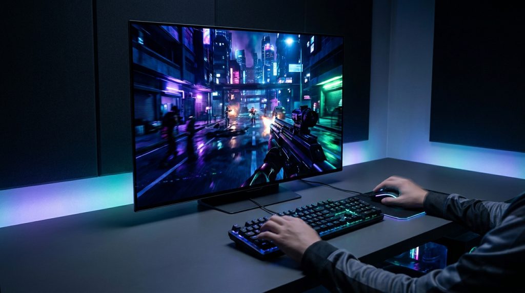 Un joueur utilise le moniteur Sony Inzone M10S affichant un jeu de tir à la première personne dans une pièce sombre.