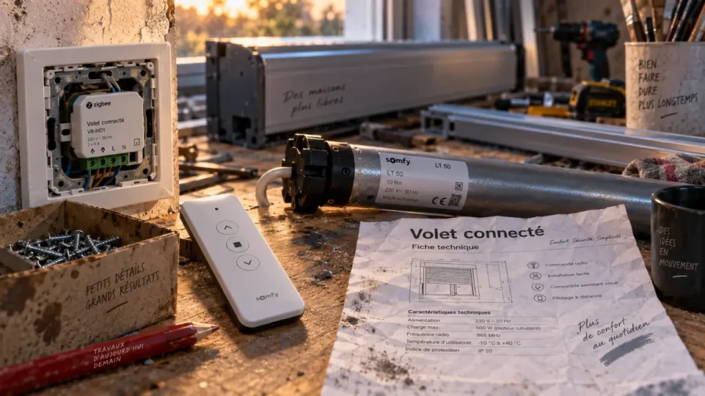 Automatisation volet roulant : moteur tubulaire, micromodule et télécommande en atelier