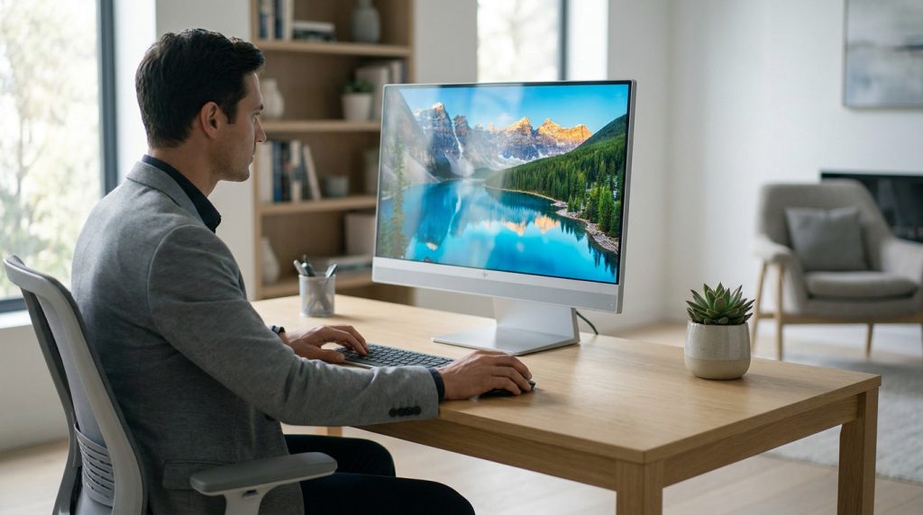 Un homme en tenue professionnelle travaille sur un élégant ordinateur tout-en-un Lenovo dans un bureau moderne et lumineux.