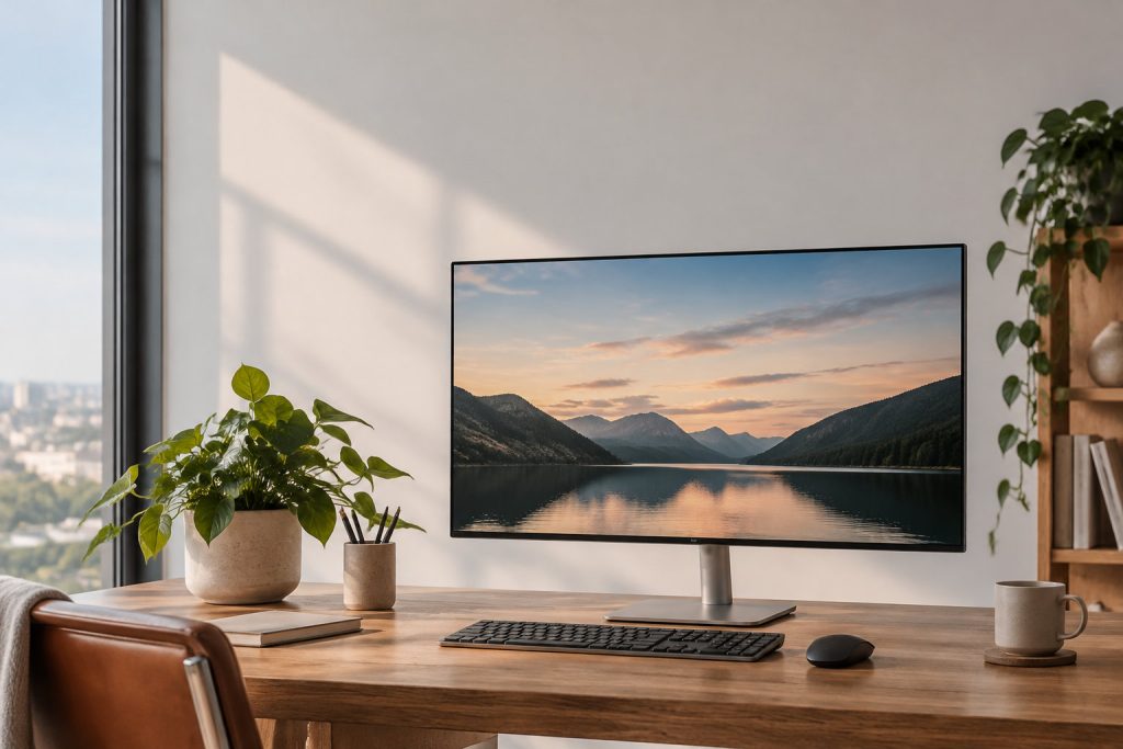 Moniteur Dell 27 pouces 4K sur un bureau en bois avec une plante, un clavier et une tasse dans un intérieur moderne.