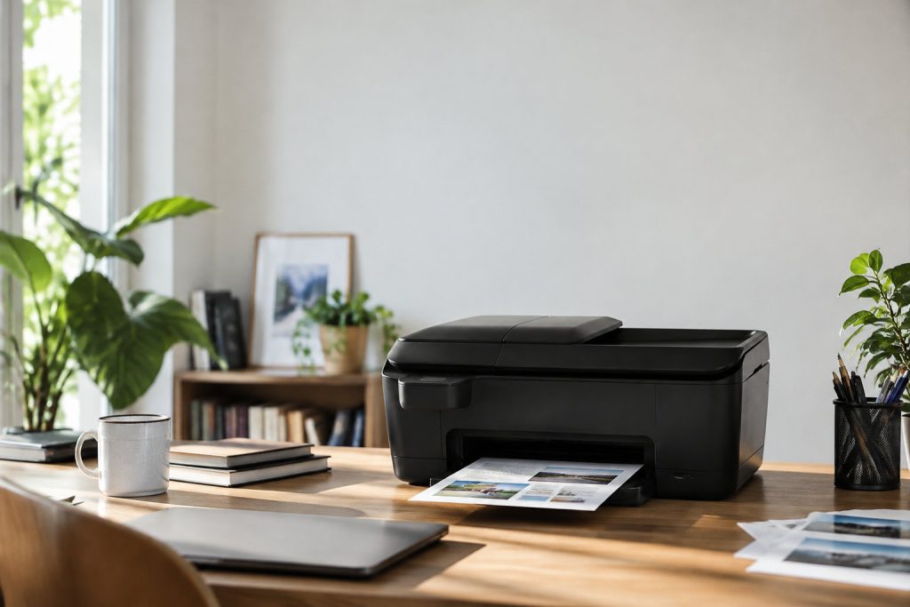 Imprimante HP OfficeJet noire sur un bureau en bois lumineux avec des plantes, un mug et des documents imprimés.