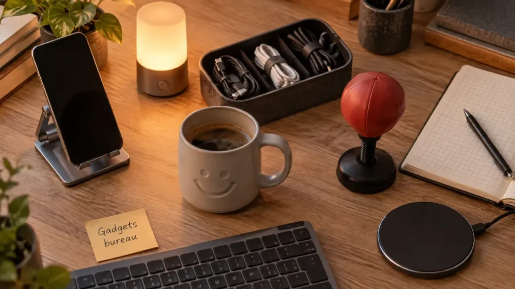 Gadget bureau : mini punching-ball, lampe LED et chargeur sans fil sur bureau