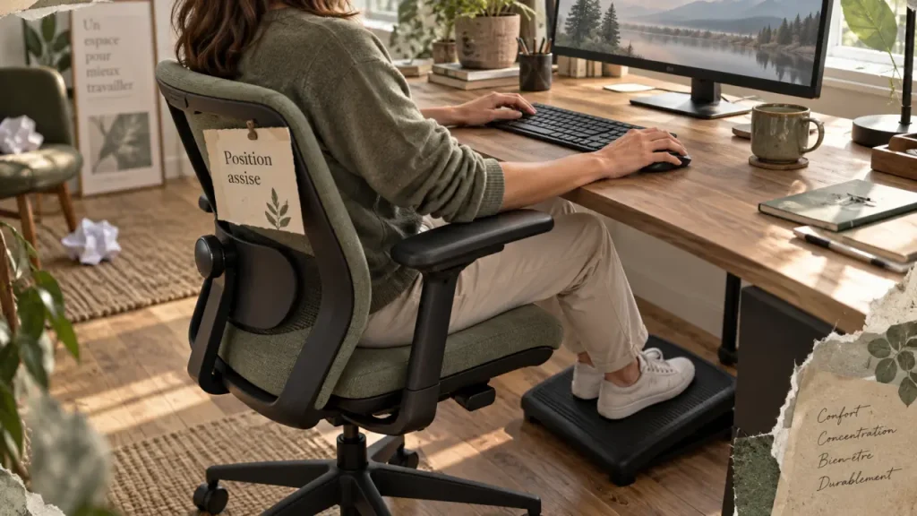 Position assis bureau : réglages ergonomiques pour dos, nuque et poignets