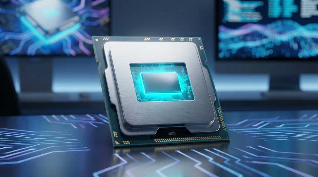 Un processeur informatique moderne avec un rétroéclairage bleu néon posé sur une surface à motifs de circuits imprimés.